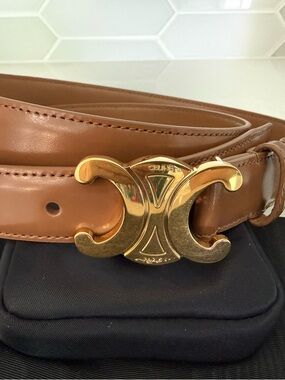 Celine Brown Leather Triomphe Buckle Belt - Gold Hardware NEW